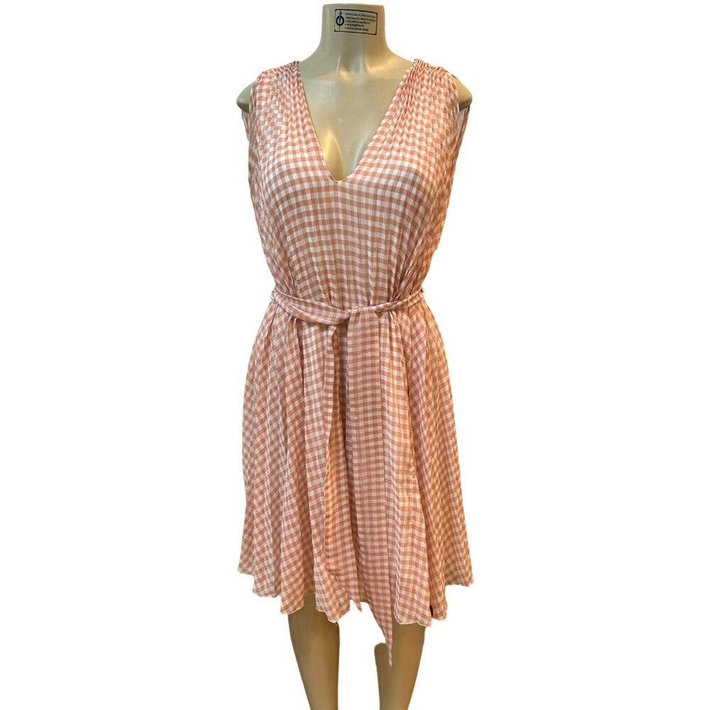 Max Studio Midi V-Neck Check White Pink Accordion -Plaide  Dress  Size S  #889
